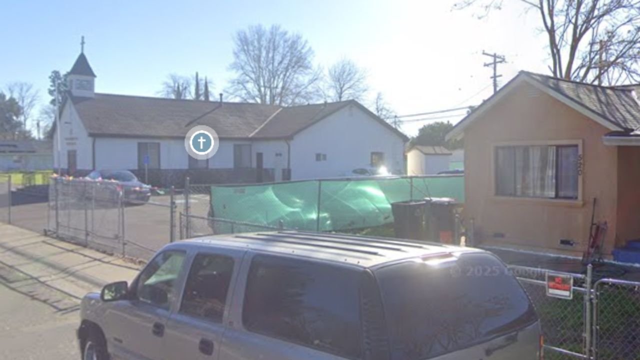 Church on Wisconsin Avenue Sacramento with surveillance cameras