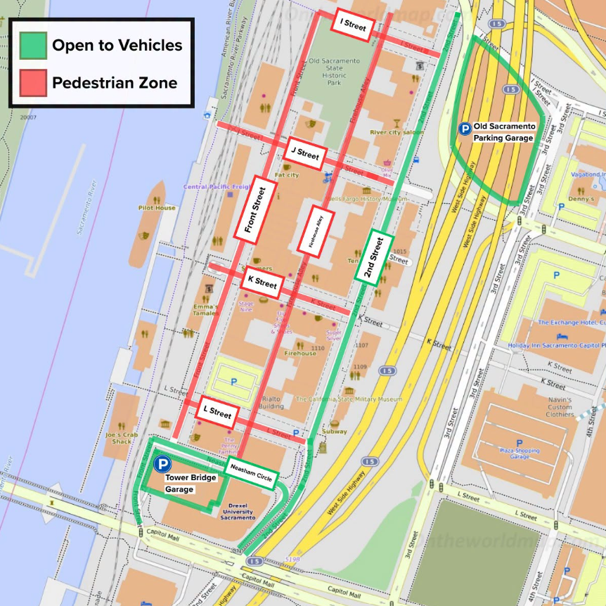 Map of Old Sacramento weekend street closures and pedestrian zone